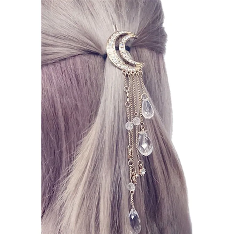 

Moon Crystal Tassels Hair Clip Charming Long Elegant Hair Accessories Gold/Rose Gold/Silver/Bronze Color
