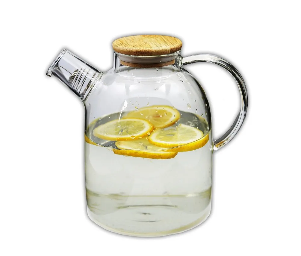 

60 Oz Glass Water Pitcher with Natural Bamboo Wood Lid, Large Capacity Water Pot with Safe Filter, Glass Teapot