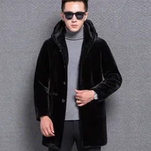KUYO для мужчин S Зимняя мода мужчин из натуральной овчины кожа шерсть мех пальто куртка с капюшоном черный