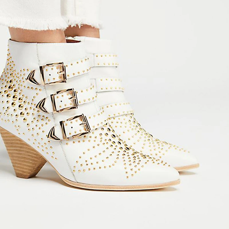 Nouveau Femmes Spike Véritable Hiver Talons Dirigeants De Beige Ladie En Rivet Bout Cheville Bottes Pointu Punk Martin Silla 2018 Cuir Zn1wxUng