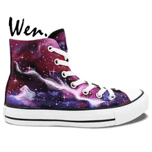 Wen Original Unisex Hand Painted Shoes Custom Design Pink Purple Galaxy Nebula Women Men’s High Top Canvas Shoes for Gifts