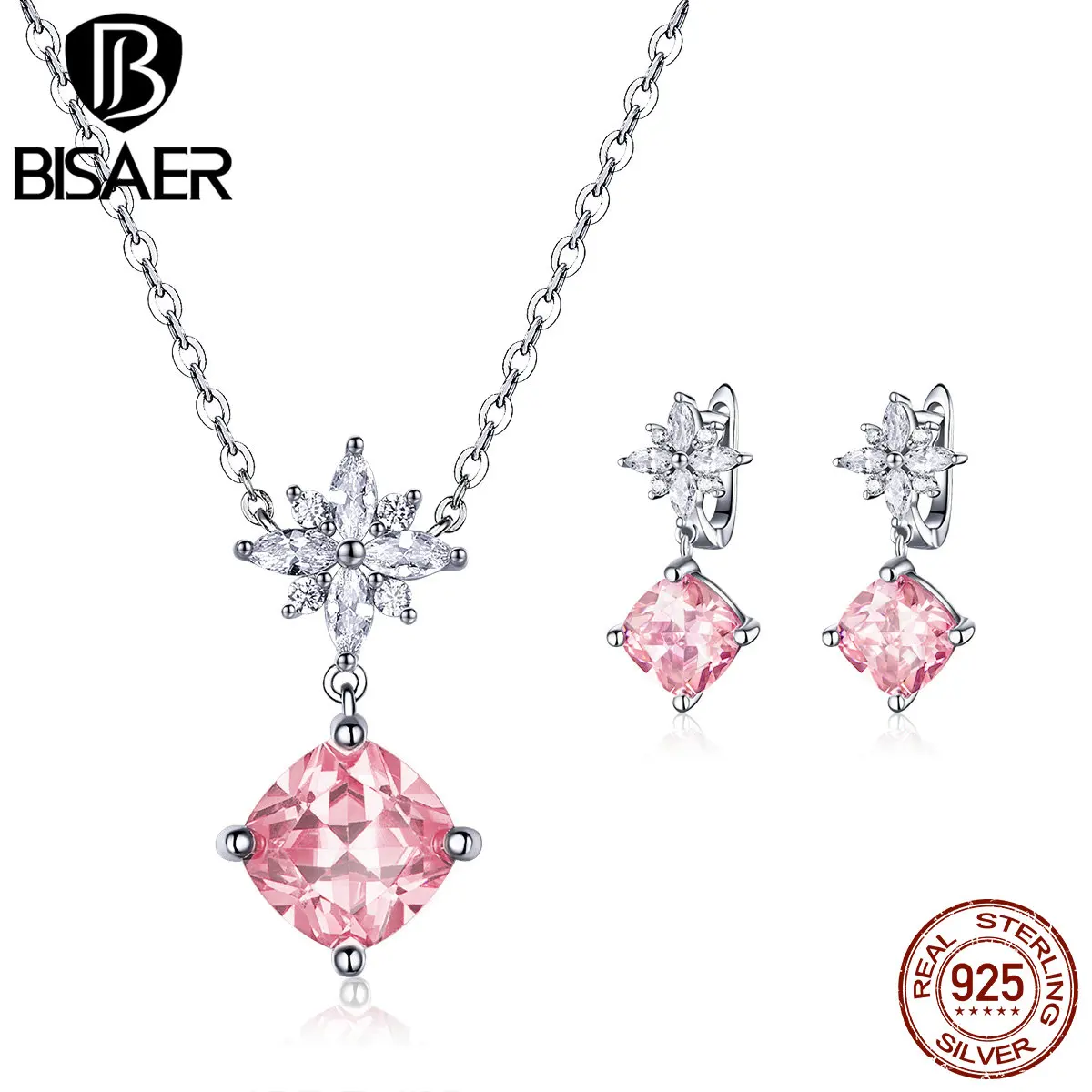 

BISAER Authentic 925 Sterling Silver Romantic Sakura Flower Jewelry Set for Women Pink Cubic Zircon Silver Jewelry Sets WES111