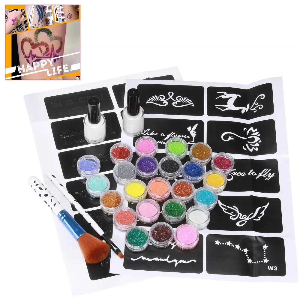 

Tattoo Kit ~22pcs Stencils + 24 Color Glitter Powder Glue Brushes for Boys/Girls