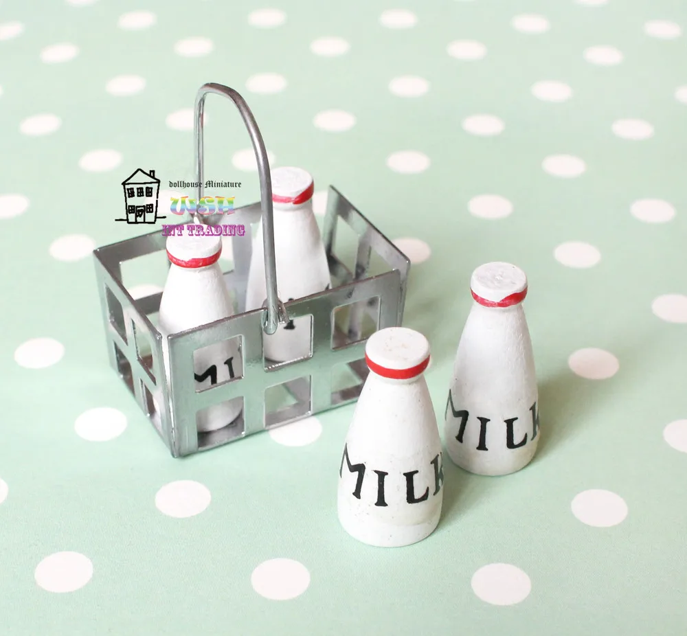 

1:12 Dollhouse miniature dolls Accessories Metal Basket 4 Bottles Of Milk 5pcs