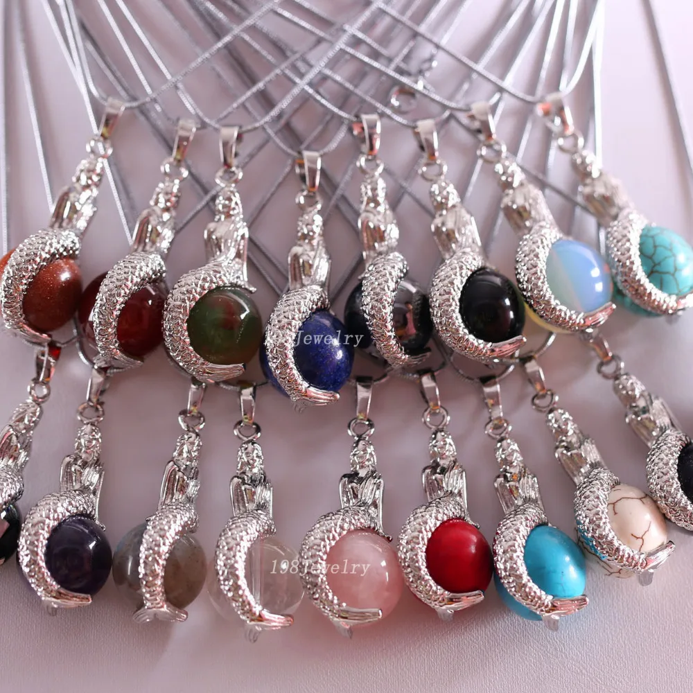 

Natural Crystal Onyx Opal Tiger's eye Quartz Howlite Hematite Abalone Shell Bead Mermaid Pendant Necklace With Chain 17"
