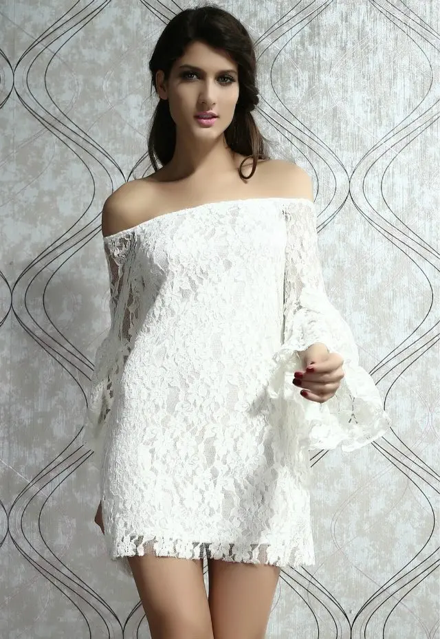 

LA17940 Cheap Price Women's Casual Style Cream Lace Spring Dress Long Bell Sleeve White Off-the-shoulder Mini Dress