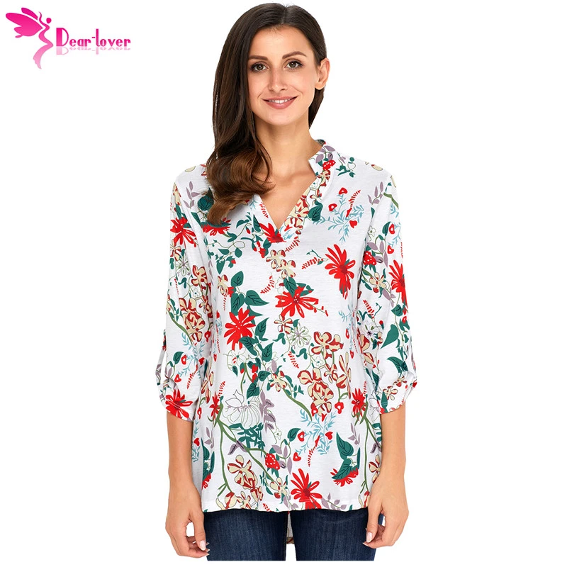 Estimado amante blusa Tops otoño 2018 señoras blanco Magenta Floral cuello en V camisa 3/4 manga tamaño grande 2XL LC250318| Blusas y camisas| - AliExpress
