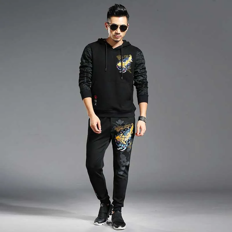 Embroidery Fish Two Piece Tracksuit Men Hooded Sweatshirt Pants Sets Pullover Hip Hop Hoodies with Joggers Pants Black Trousers Embroidery Fish Two Piece Tracksuit Men Hooded Sweatshirt Pants Sets Pullover Hip Hop Hoodies with Joggers Pants Black Trousers