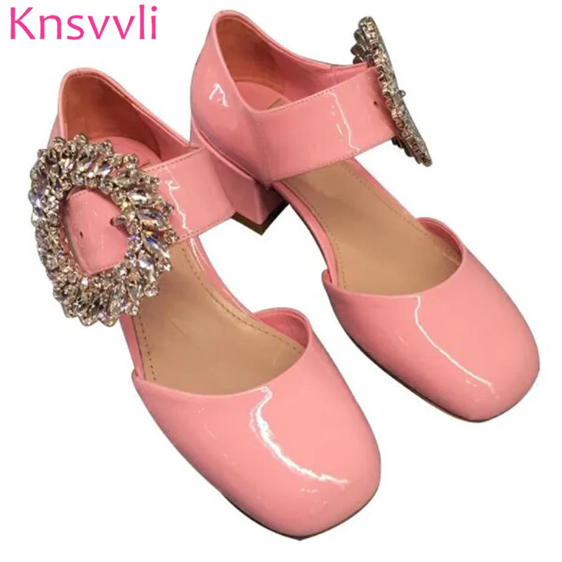 

Rhinestone Big Round Buckle Low Heel Ladies Shoes Patent Leather Candy Color Square Toe One Word Buckle High Heel Woman pumps