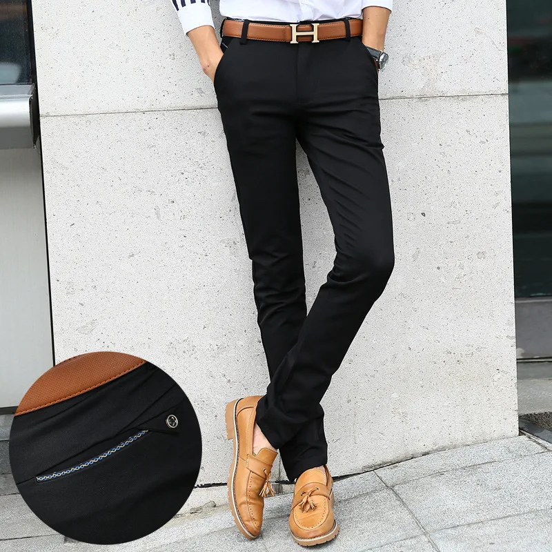 Мужские повседневные брюки летние Молодежные брюки мужские корейские тонкие Однотонные эластичные брюки для ног цвет черный/синий размер 28-33 34 36