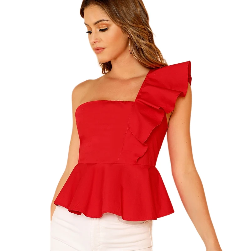 Sheinside Топ с оборкой на одно плечо и баской, женская красная летняя блузка, женские рубашки, облегающие элегантные женские топы и блузки