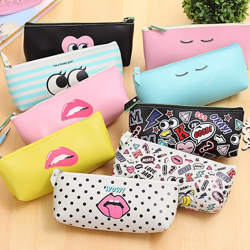 

Cute Leather Pencil Case Kawaii Pen Case Pencil Box Cosmetic Bag For Cosmetics Bts Korean Stationery Office School Supplies