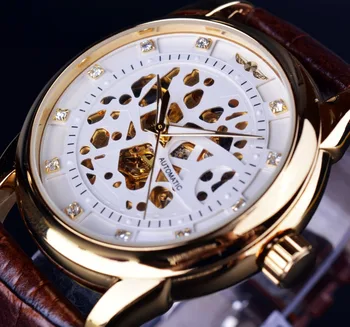 

Winner Skeleton Automatic Mechanical Watch High Grade Leather Strap Gold Watch Mens Watch Top Brand Luxury Erkek Saat Male Clock
