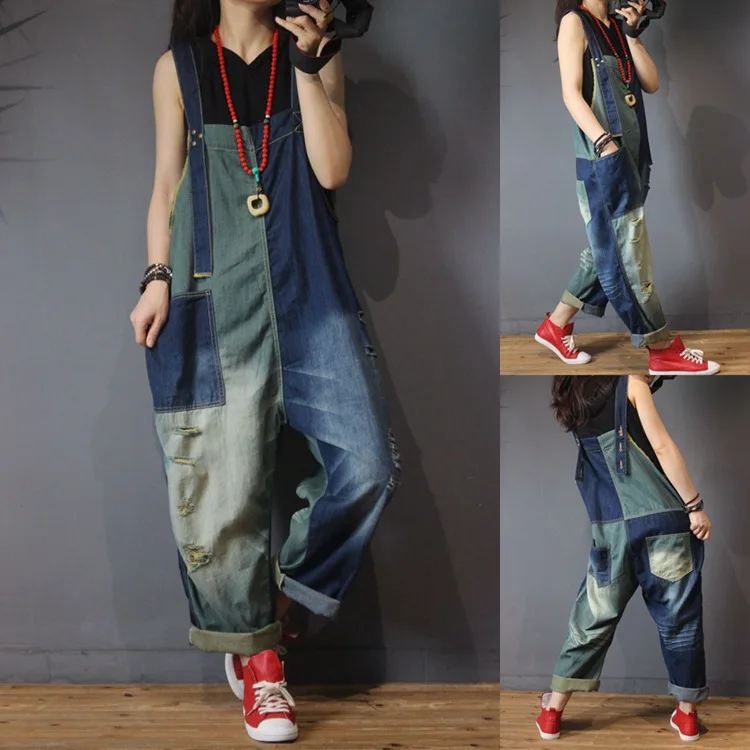 

2019 spring new casual denim suspender bib female loose large size wild low suede color trousers female