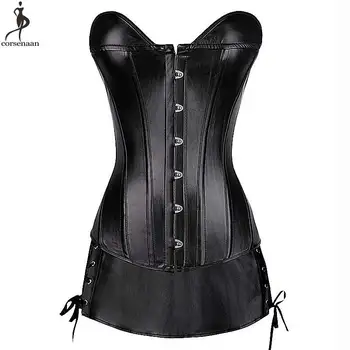 

Corset Dress Overbust Corsets Top With Skirt Synthetic Faux Leather Solid Black Red Plus Size 6XL Women Outfit Korset Busk Korse