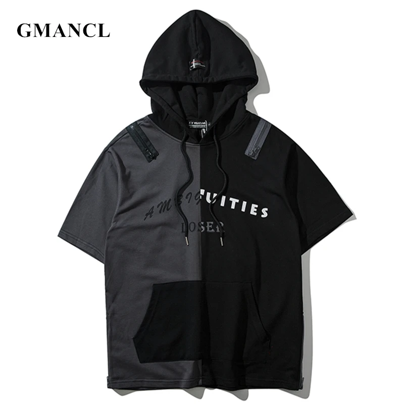 

Men Letter Printed Patchwork Summer T-shirt Loose Hip Hop Streetwear Side zipper Short Sleeve Harajuku Hooded tshirt homme