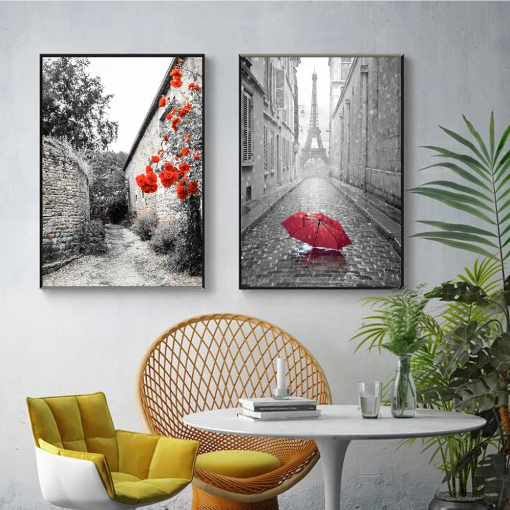 Black and White Tower Red Umbrella Canvas Painting Paris Street Wall Art Poster Prints Decorative Picture for Living Home