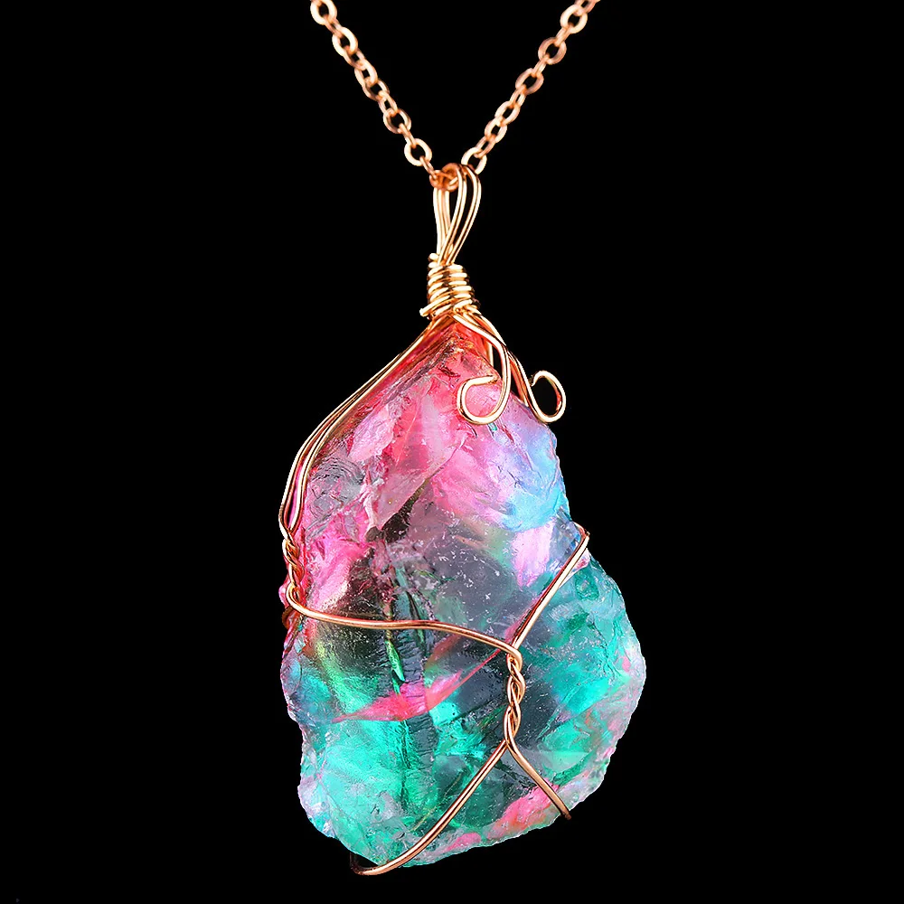 Rainbow Stone Pendant Necklace Fashion Crystal Chakra Rock Necklace Gold Color Chain Quartz Pendant Necklace For Women Gifts