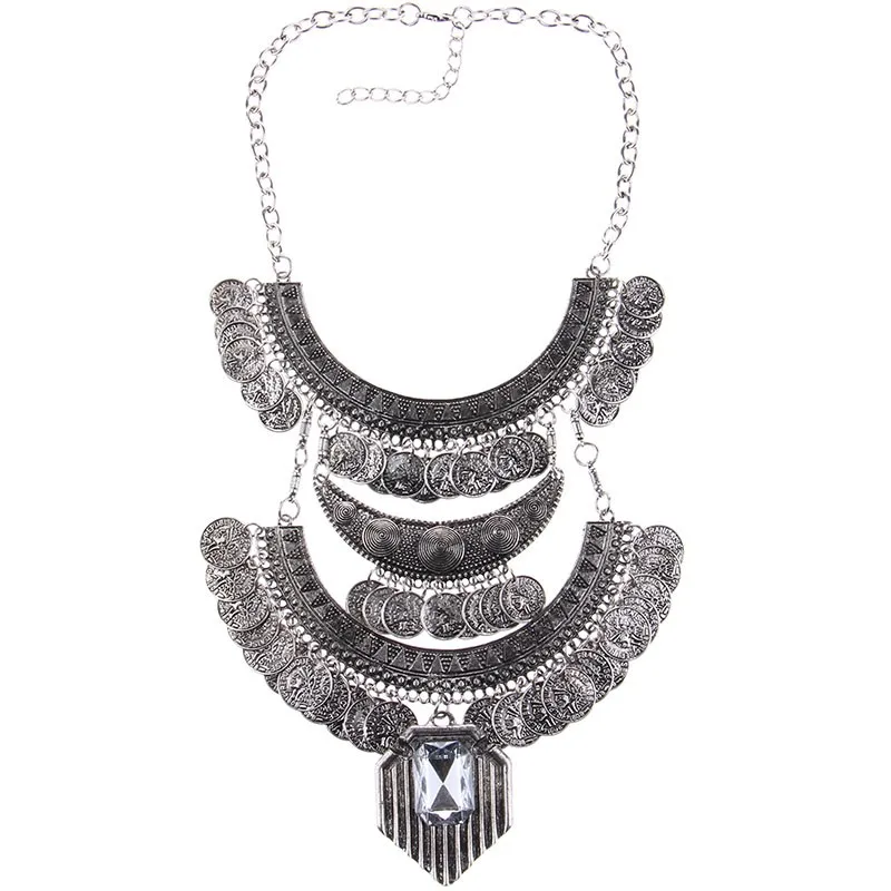 Bohemian Fashion Crystal Long Coin Necklace For Women High Quality Punk Statement Necklace Choker Women Necklaces& Pendants - Окраска металла: Silver