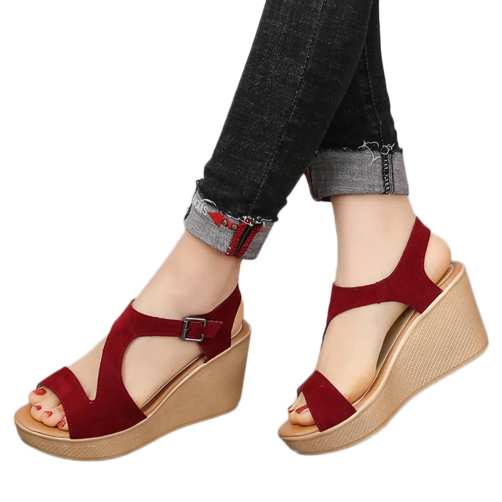SAGACE Для женщин с пряжкой и ремнем, на танкетке на очень высоком каблуке сандалии для прогулок Твердые Цвет высота круглый носок повседневная обувь на платформе