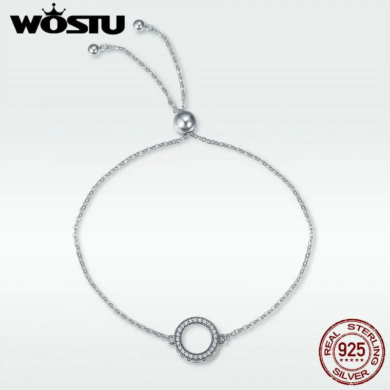 

WOSTU Authentic 925 Sterling Silver Glittering Round Circle Chain Link Strand Bracelets For Women Sterling Silver Jewelry DXB030