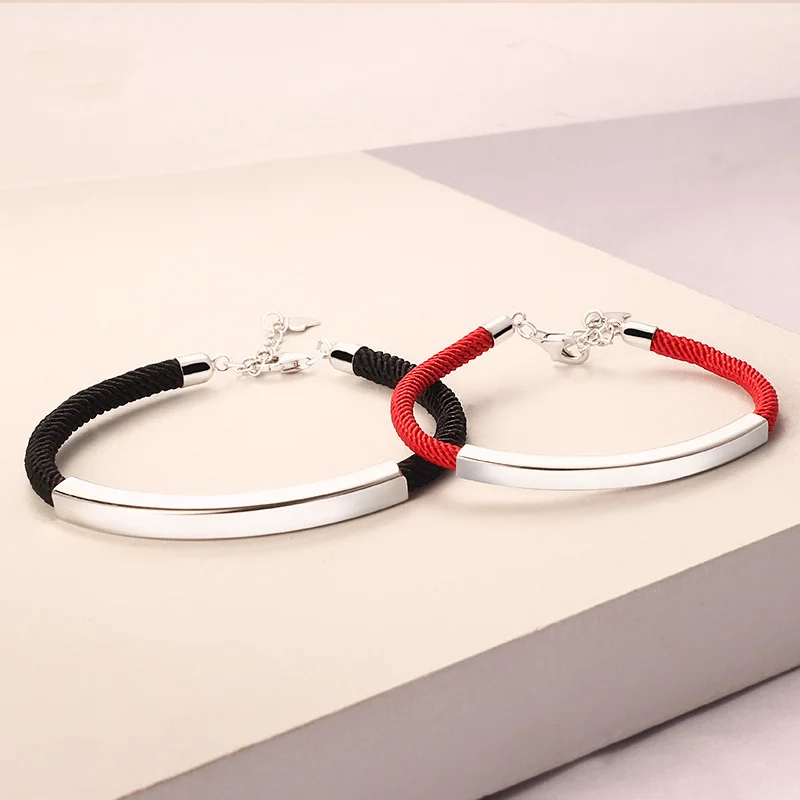 

925 Sterling Silver Couple Bracelets Women Men Student Woven Black Red Rope Korean Minimalist Girlfriend Gift Charm Bracelet