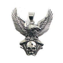 Мужчины 316L Нержавеющая Сталь Серебряный Байкер Череп Орел двигатель кулон