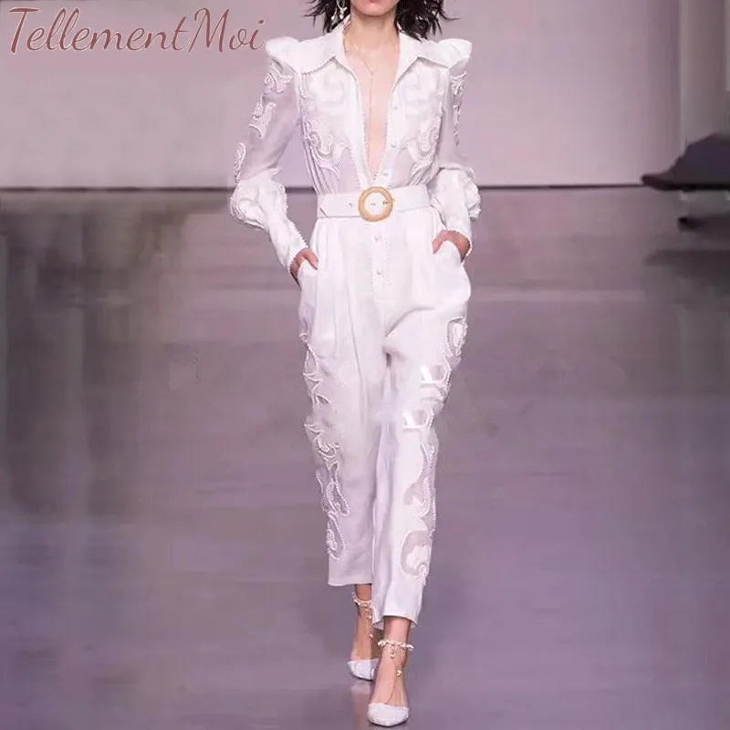 

Women Jumpsuits Lapel Long Sleeve With Belt Pants Female White Embroidery Patchwork Cocktail Party Runway Suit Jumpsuit