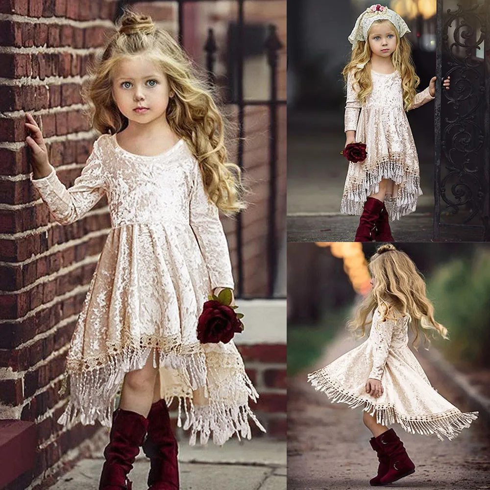 Children's Girls Dress Long Sleeve Velvet Fringe Party Dress Dress 6M