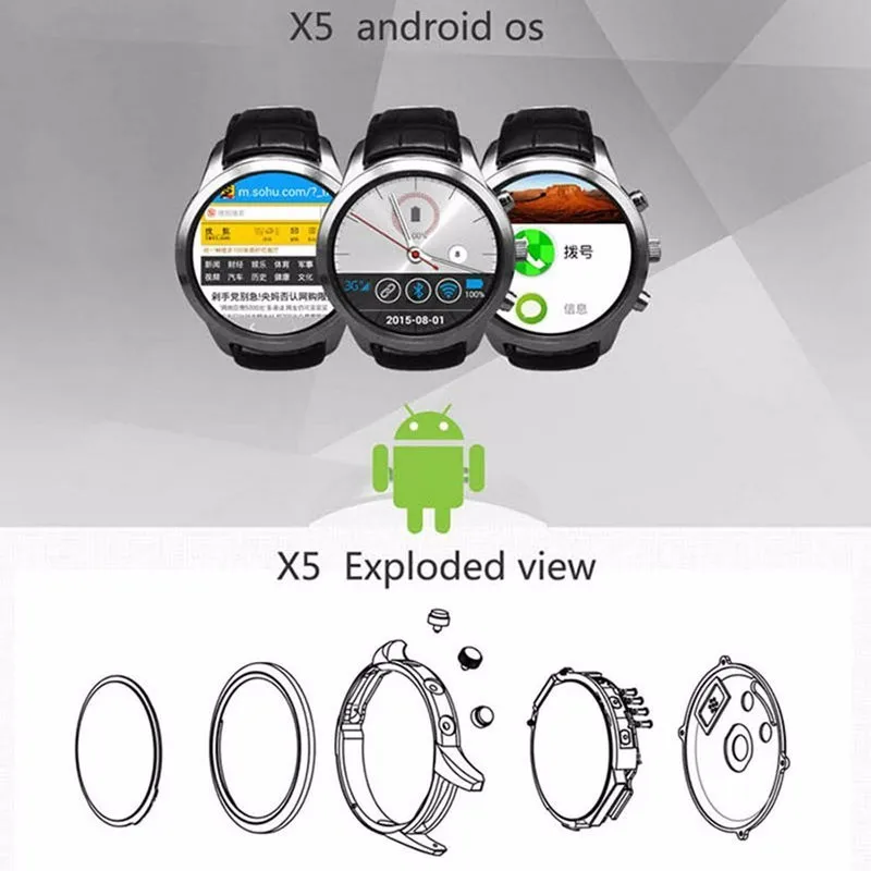 X5 Smart Watch Phone Android 4.4 NANO SIM MTK6572 Dual Core 1.4AMOLED 512MB+4GB Dual Bluetooth Heart Rate Monitor Pedometer GPS 3G WiFi Smartwatch for IOS,Android Phone (1)
