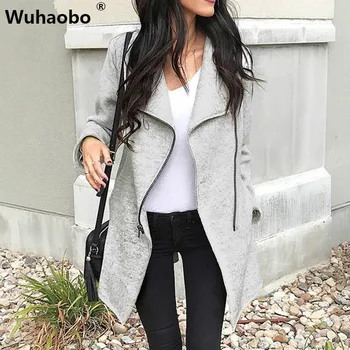 

Wuhaobo Winter Coats Woman 2019 Fashion Zippers Slim Women Blend Coat Grey Long Sleeve Female Irregular Trench Overcoat