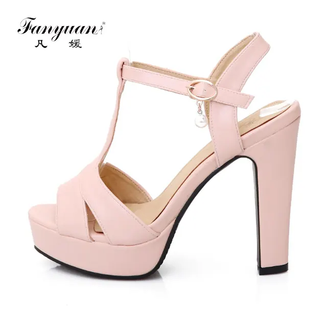 Fanyuan 2017 Hot Summer Women Sandals Super High Heels Platform T Strap Crystal Party Shoes Square Heels Ladies Sandal Plus Size