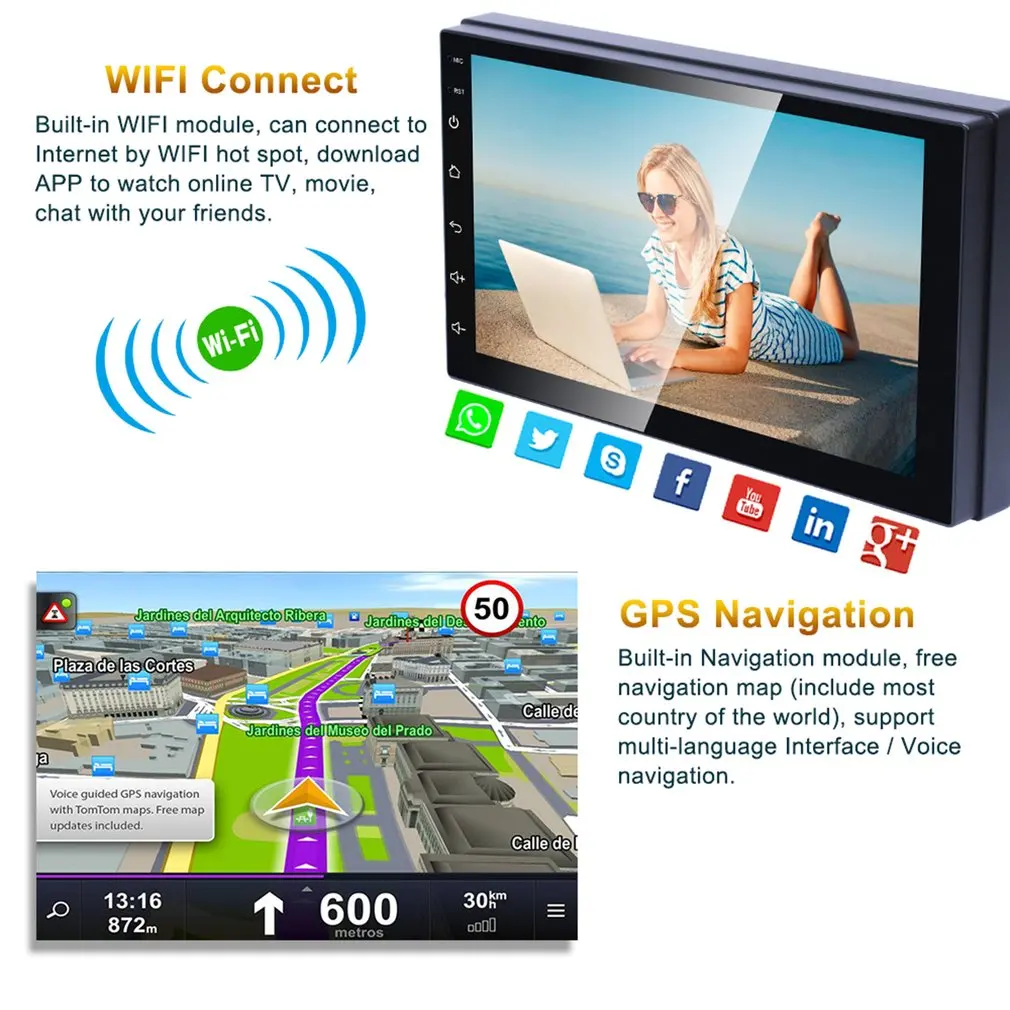 

Quad Core 7" Autoradio Doppel 2 Din Android 7.1 3G WIFI GPS FM Bluetooth MP5 Player Car Radio Stereo + Camera Kamera
