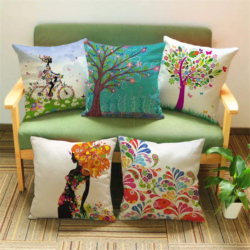 

Decorative Throw Pillows Case Flower Fairy Girl Butterfly Tree Cotton Linen Seat Cushion Cover For Sofa Decor 45x45cm