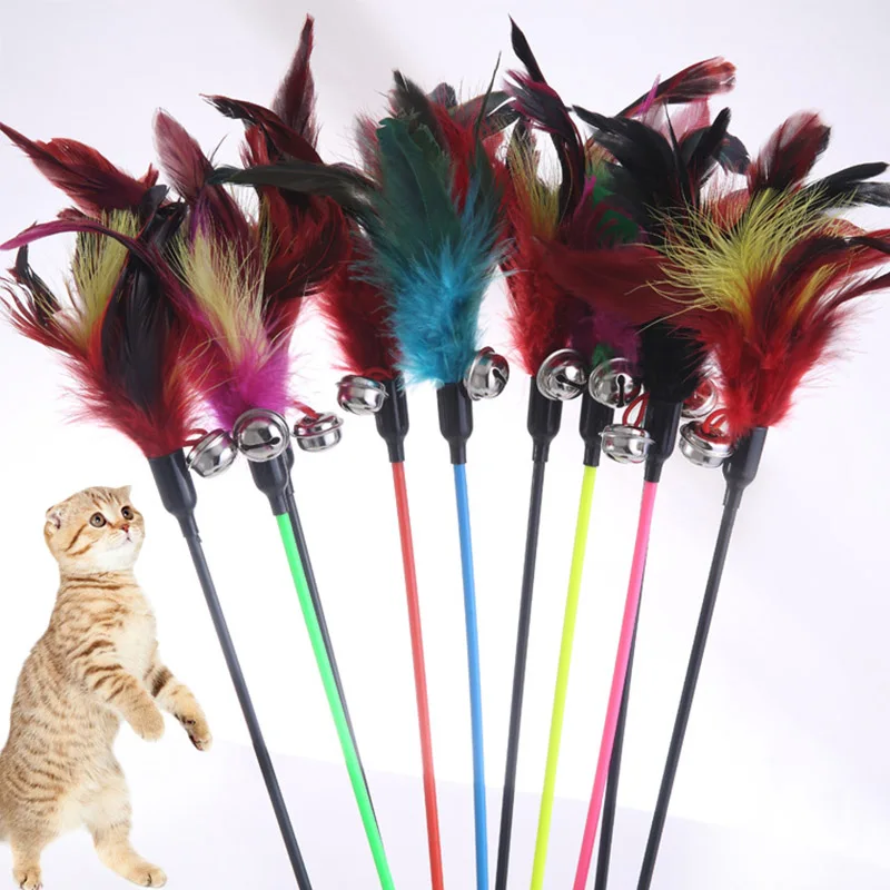Случайный цвет,, перо с маленьким колокольчиком, натуральная палочка для кошек, 1 шт., как птицы, игрушки для кошек, черный цвет, полюс