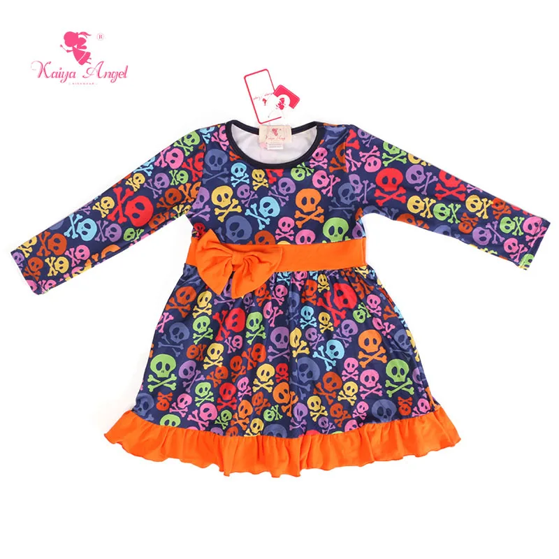 Kaiya Angel Girls Winter Dress Halloween Clothing Colorful Skull For Kids Orange Belt Bow Children's Princess | Детская одежда и
