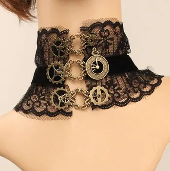 

Gothic punk vintage Steam engine gear clock black lace choker necklace for women sexy wide collar party jewelry statement femme