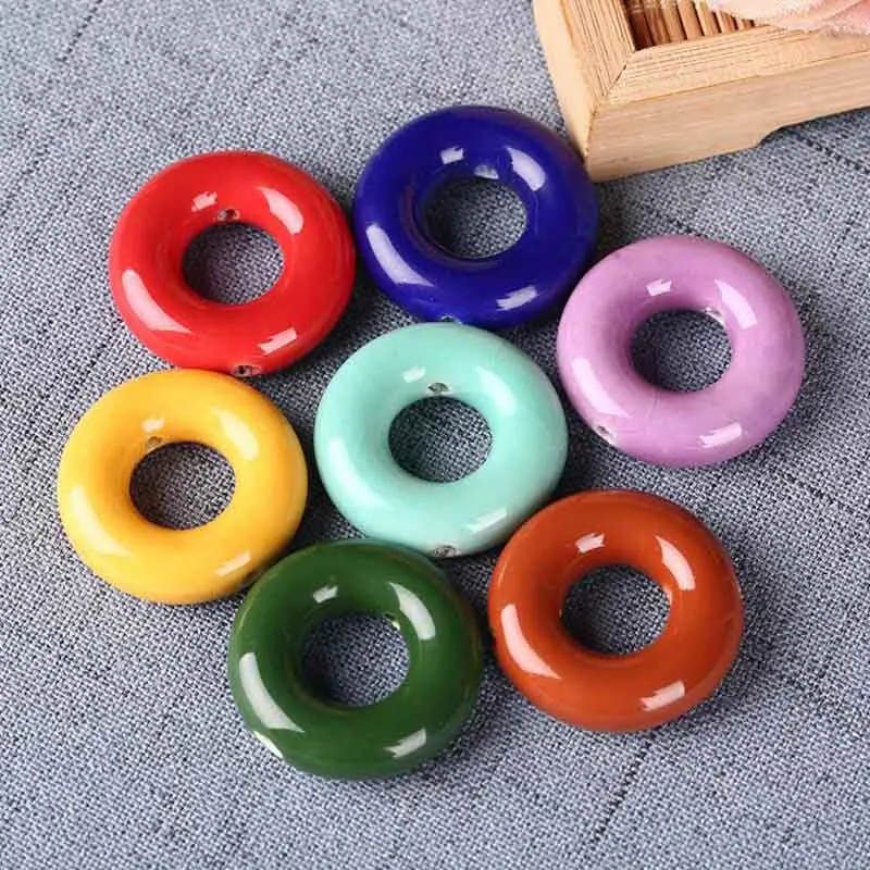 5pcs/lot Flat Round Circle Shape 28mm Big Ceramics Beads Solid Colors