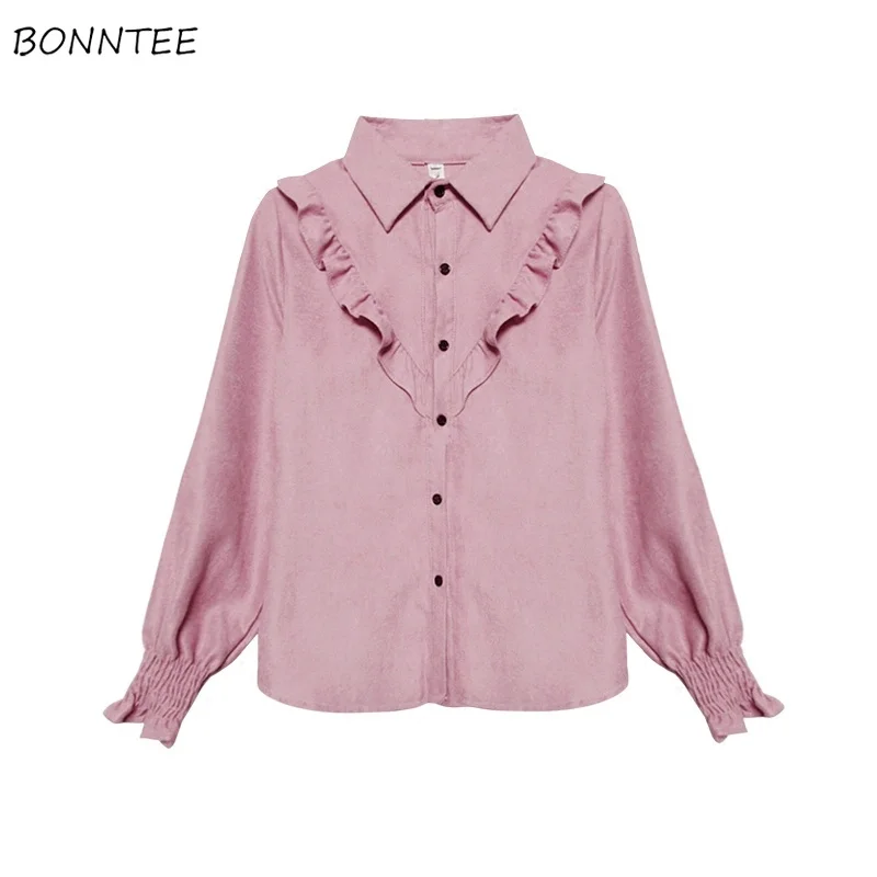 

Shirts Women Ruffle Elasticity Cuff Elegant Simple All-match Trendy Solid Turn-down Collar Corduroy Womens Shirt Leisure Ulzzang