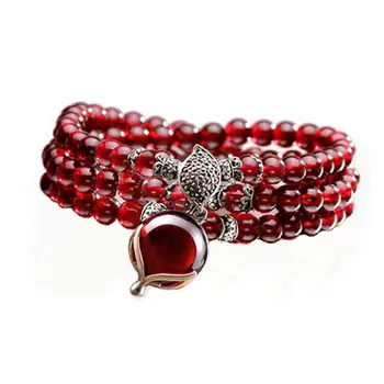 

Jade Angel 5mm Round Genuine Garnet Beads Bracelet with 925 Silver Marcasite Garnet Charm 20 inches Birthday Gifts