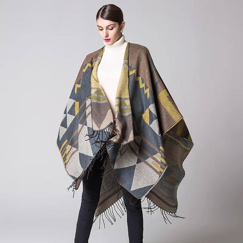 

Bohemia Liusu States lengthened and thickened cashmere-like autumn and winter national wind travel open-forked shawl Cloak 2019