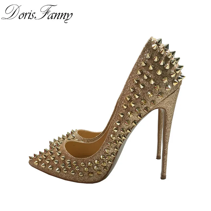 DorisFanny Glitter Spikes Rivets Studded Silver Gold High Heels shoes woman 2018 large size 34-45 stiletto shoes