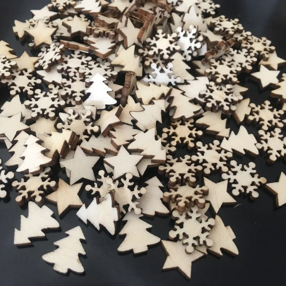 100pcs Wooden Ornaments Mini Christmas Theme Natural Wood Slices Decorative Wooden Cutout Slices for Christmas Tree