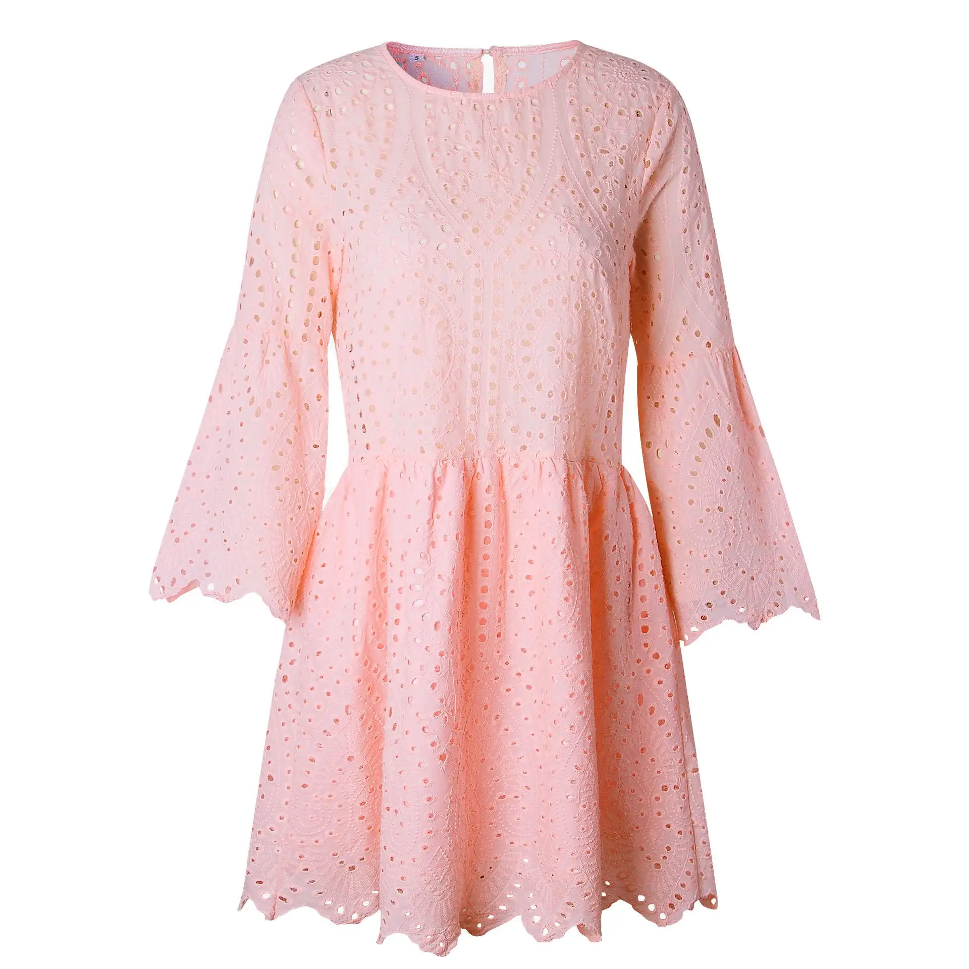 Летнее женское кружевное сексуальное платье с вышивкой, повседневные белые хлопковые мини-платья с оборками и рукавами, короткие платья - Цвет: pink
