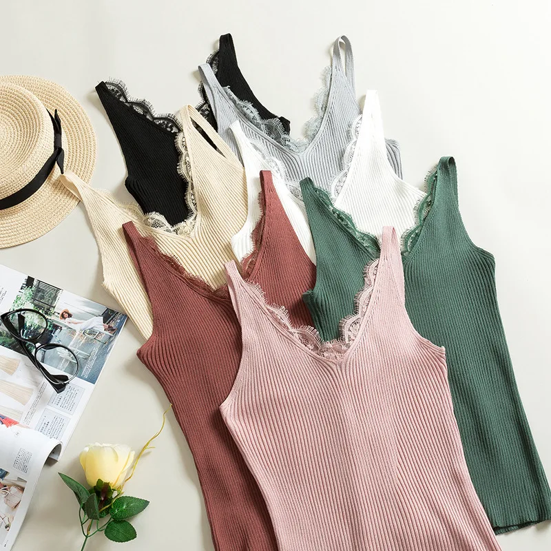 Tops Women Lace Knitted Tank Top Sexy V Neck tshirt Summer Female Ladies Stretchable Tops Vest