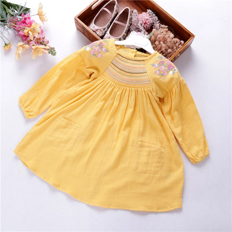 Осенне-весеннее платье для девочек; льняное винтажное платье с длинными рукавами и вышитыми цветами; Детские платья желтого и золотого цвета; детская одежда