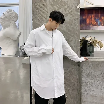 

Men Japan Dark Black Long Style Casual Shirts Streetwear Punk Hip Hop Male Long Sleeve Dress Shirts