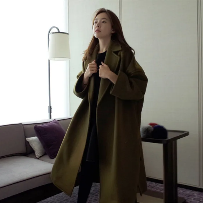 Corée Taille Long Grande De Green Automne army Couleur camel Laine Nouveau Manteau Simpel 2018 Occasionnel Ceinture G2772 Lâche Black Femelle Style Femmes Pur Hiver wOBSI