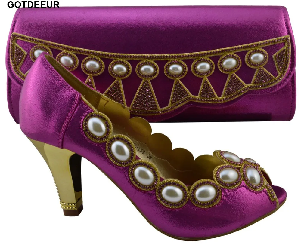 

Fashion Fuchsia Color Italian Ladies Shoes and Bag Set Decorated with Rhinestone Matching Women Shoes and Bag Set for Wedding