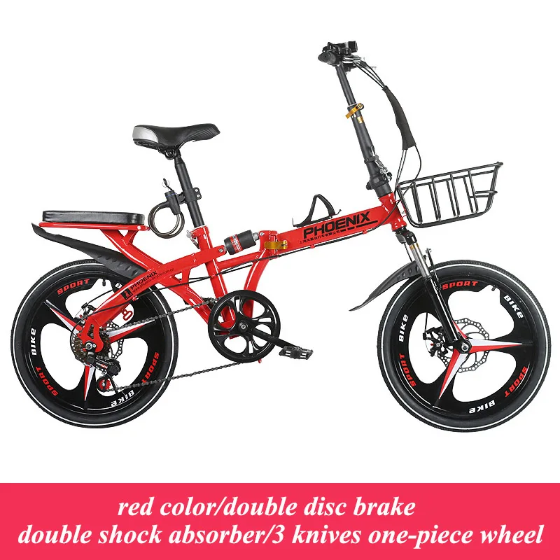 16/20 Inch 6 Speed High Quality Student Folding Bike bicicleta Men and Women Bicycle Double Disc Brake Mountain Road Kids Bike - Color: one-piece 3 red